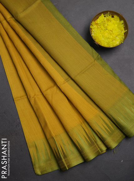 Semi dupion saree mustard yellow and light green with allover thread weaves and temple design thread woven border