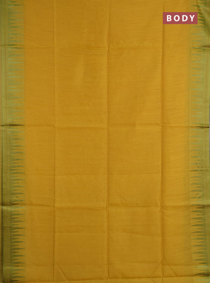Semi dupion saree mustard yellow and light green with allover thread weaves and temple design thread woven border
