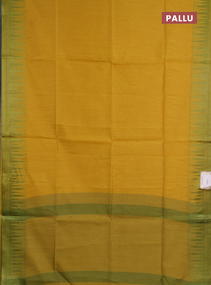Semi dupion saree mustard yellow and light green with allover thread weaves and temple design thread woven border