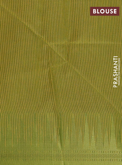 Semi dupion saree mustard yellow and light green with allover thread weaves and temple design thread woven border