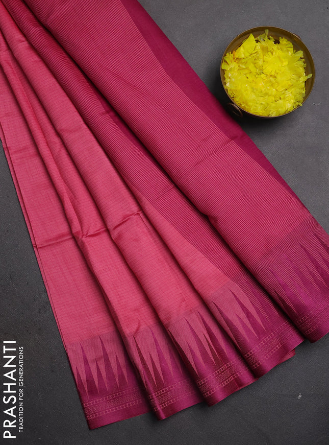 Semi dupion saree peach pink and magenta pink with allover thread weaves and temple design thread woven border