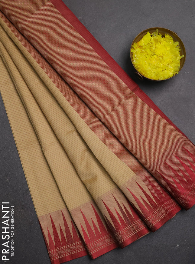 Semi dupion saree beige and maroon with allover thread weaves and temple design thread woven border