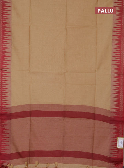 Semi dupion saree beige and maroon with allover thread weaves and temple design thread woven border