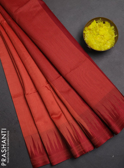 Semi dupion saree rust shade and maroon with allover thread weaves and temple design thread woven border