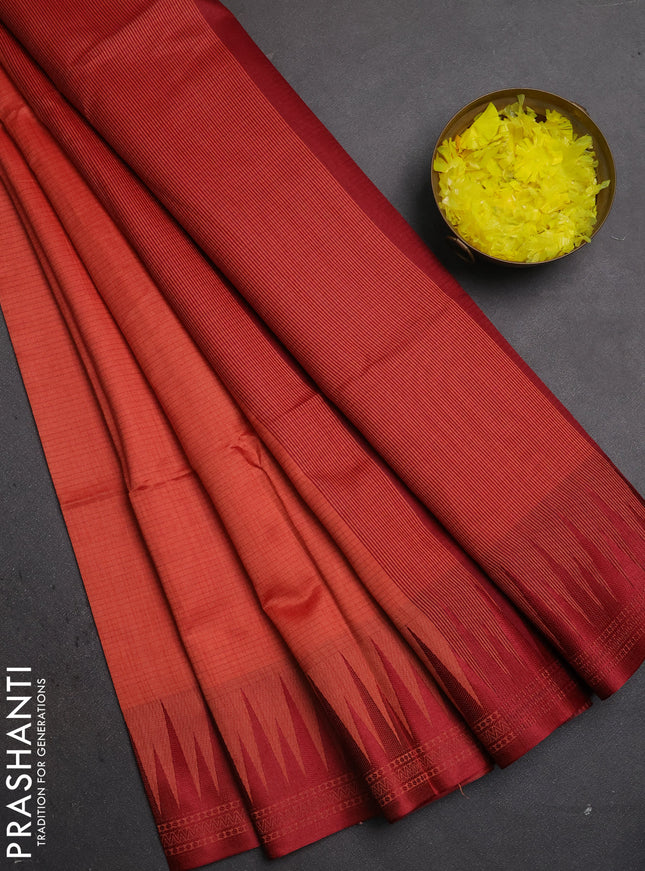 Semi dupion saree rust shade and maroon with allover thread weaves and temple design thread woven border