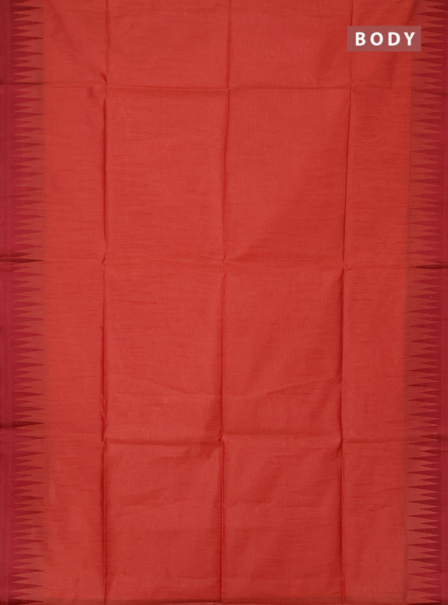 Semi dupion saree rust shade and maroon with allover thread weaves and temple design thread woven border