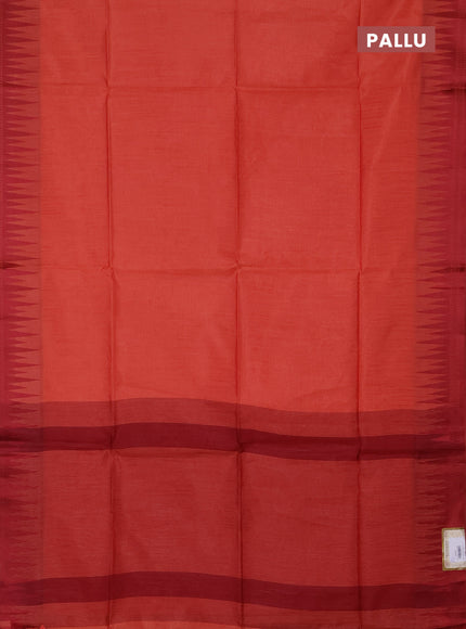 Semi dupion saree rust shade and maroon with allover thread weaves and temple design thread woven border