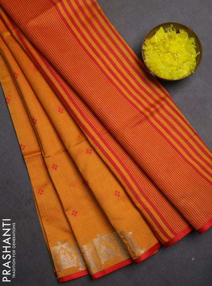 Semi dupion saree mango yellow and orange with allover thread woven bandhani buttas and zari woven butta border