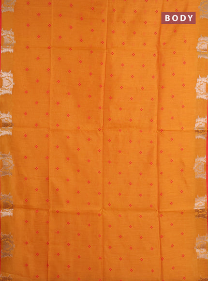Semi dupion saree mango yellow and orange with allover thread woven bandhani buttas and zari woven butta border