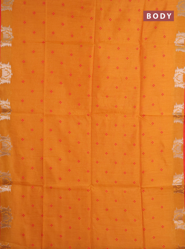 Semi dupion saree mango yellow and orange with allover thread woven bandhani buttas and zari woven butta border