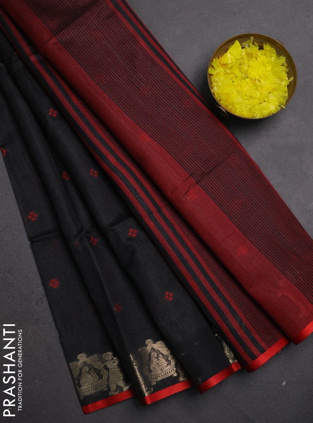 Semi dupion saree black and maroon with allover thread woven bandhani buttas and zari woven butta border