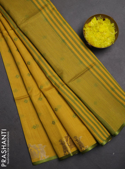 Semi dupion saree mustard yellow and light green with allover thread woven bandhani buttas and zari woven butta border