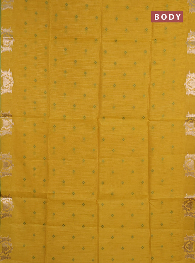 Semi dupion saree mustard yellow and light green with allover thread woven bandhani buttas and zari woven butta border