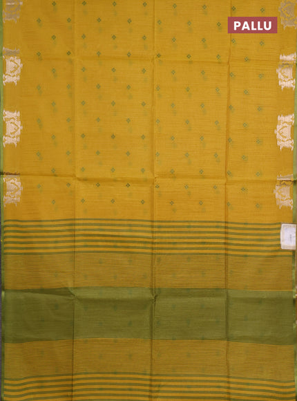 Semi dupion saree mustard yellow and light green with allover thread woven bandhani buttas and zari woven butta border