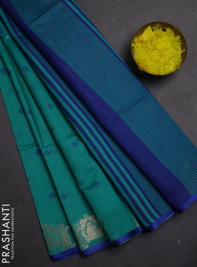 Semi dupion saree teal green and blue with allover thread woven bandhani buttas and zari woven butta border