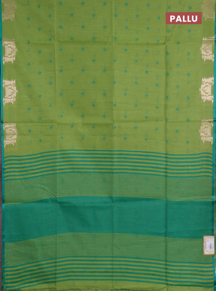 Semi dupion saree light green and teal green with allover thread woven bandhani buttas and zari woven butta border
