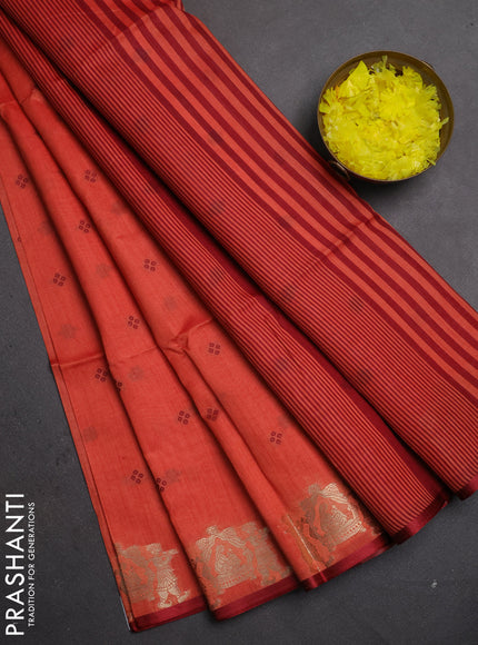 Semi dupion saree red and maroon with allover thread woven bandhani buttas and zari woven butta border