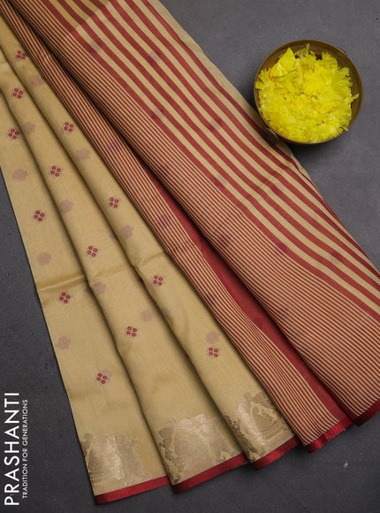 Semi dupion saree beige and maroon with allover thread woven bandhani buttas and zari woven butta border
