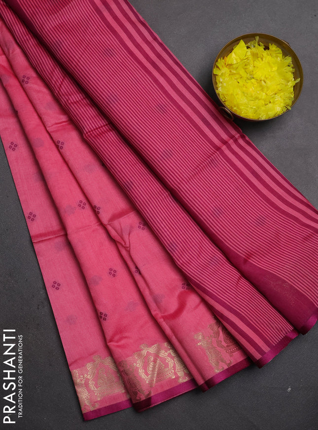 Semi dupion saree pink and magenta pink with allover thread woven bandhani buttas and zari woven butta border