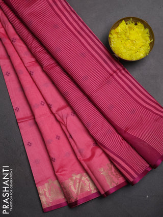 Semi dupion saree pink and magenta pink with allover thread woven bandhani buttas and zari woven butta border