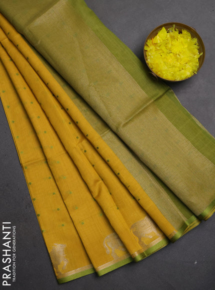 Semi dupion saree mustard yellow and light green with thread woven buttas and pichwai zari woven border