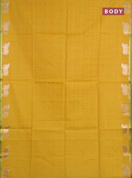 Semi dupion saree mustard yellow and light green with thread woven buttas and pichwai zari woven border