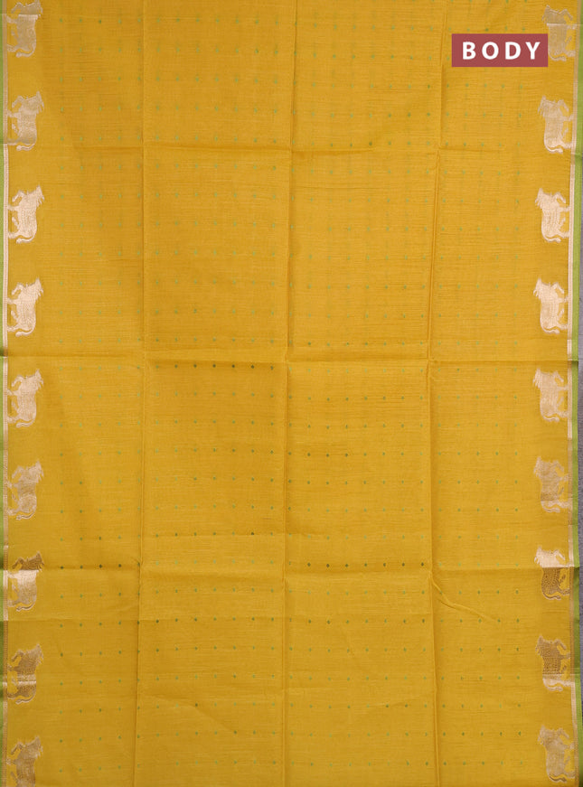 Semi dupion saree mustard yellow and light green with thread woven buttas and pichwai zari woven border