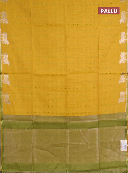 Semi dupion saree mustard yellow and light green with thread woven buttas and pichwai zari woven border