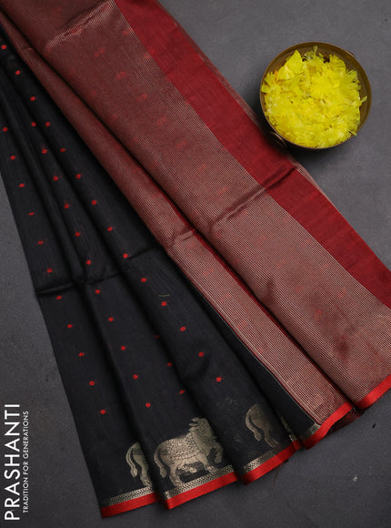 Semi dupion saree black and maroon with thread woven buttas and pichwai zari woven border