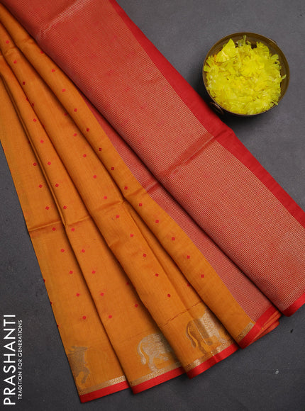 Semi dupion saree mango yellow and orange with thread woven buttas and pichwai zari woven border