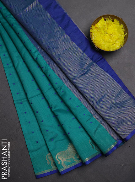 Semi dupion saree teal green and blue with thread woven buttas and pichwai zari woven border