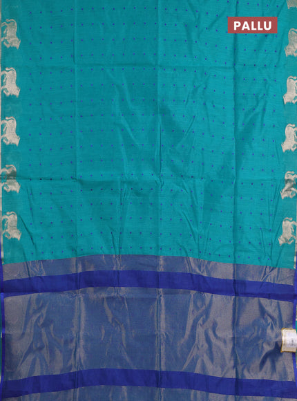Semi dupion saree teal green and blue with thread woven buttas and pichwai zari woven border