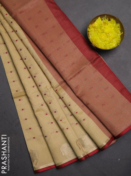 Semi dupion saree beige and maroon with thread woven buttas and pichwai zari woven border