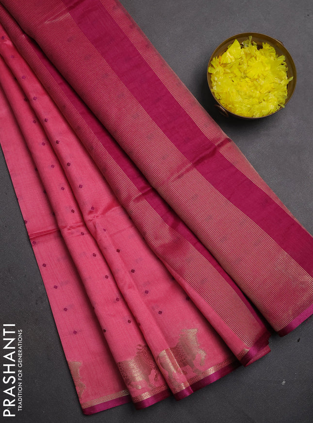 Semi dupion saree pink and magenta pink with thread woven buttas and pichwai zari woven border