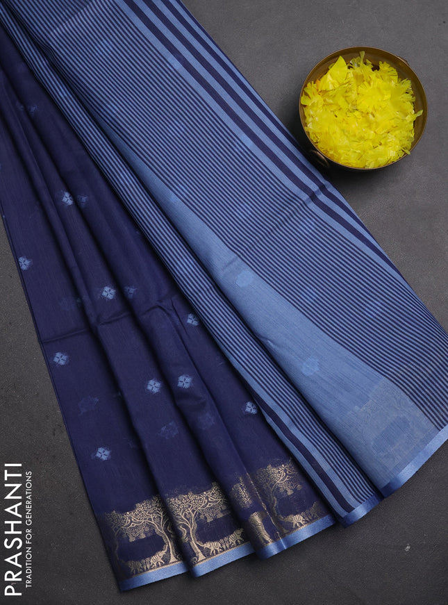 Semi dupion saree navy blue and pastel blue with allover thraed woven buttas and zari woven border