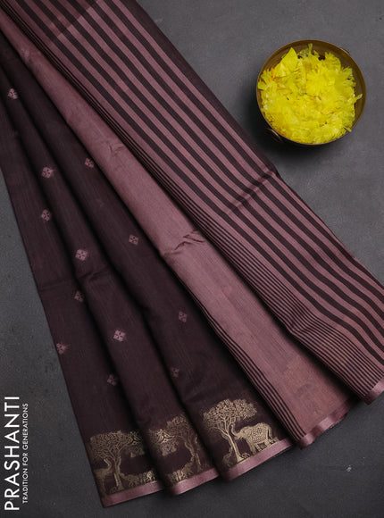 Semi dupion saree coffee brown and pastel pink with allover thraed woven buttas and zari woven border