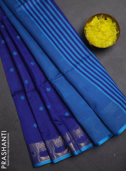 Semi dupion saree blue and cs blue with allover thraed woven buttas and zari woven border