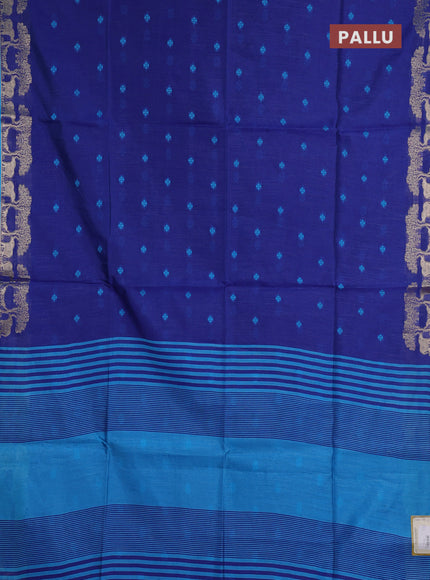 Semi dupion saree blue and cs blue with allover thraed woven buttas and zari woven border