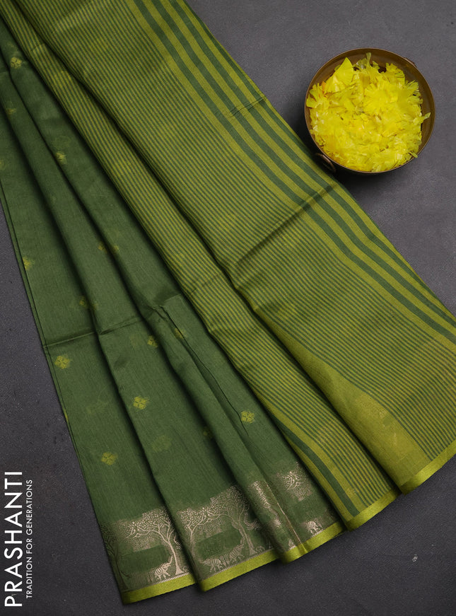 Semi dupion saree green and light green with allover thraed woven buttas and zari woven border