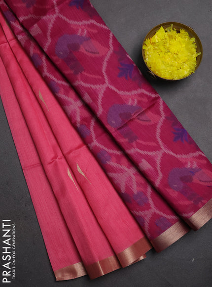 Semi dupion saree peach pink and magenta pink with zari woven buttas and zari woven border