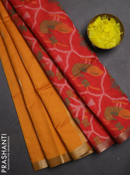 Semi dupion saree mango yellow and red with zari woven buttas and zari woven border
