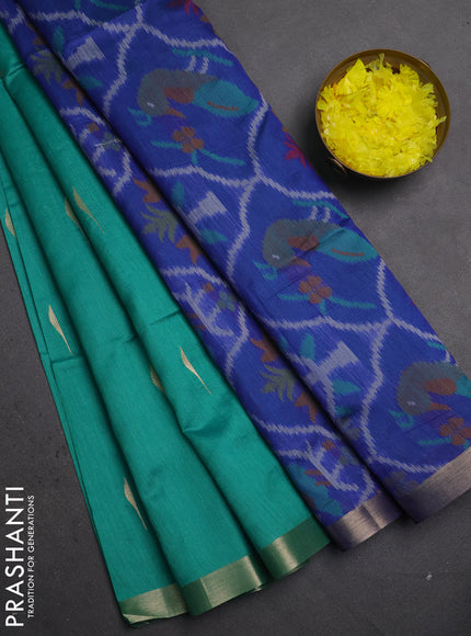 Semi dupion saree teal green and blue with zari woven buttas and zari woven border