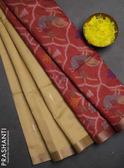 Semi dupion saree beige and maroon with zari woven buttas and zari woven border