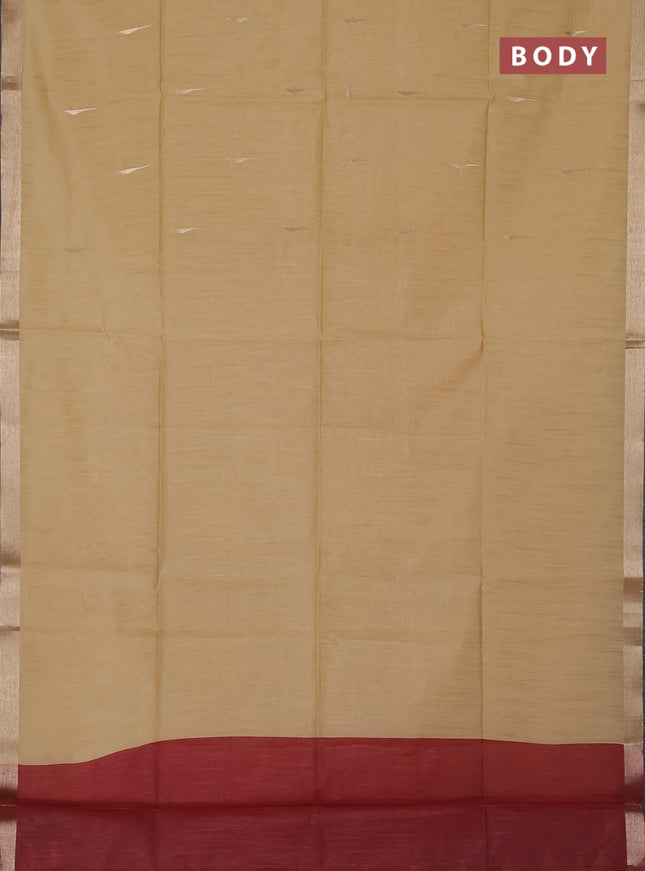 Semi dupion saree beige and maroon with zari woven buttas and zari woven border