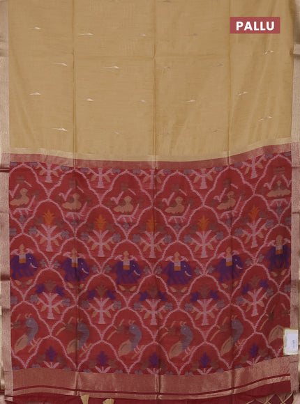 Semi dupion saree beige and maroon with zari woven buttas and zari woven border