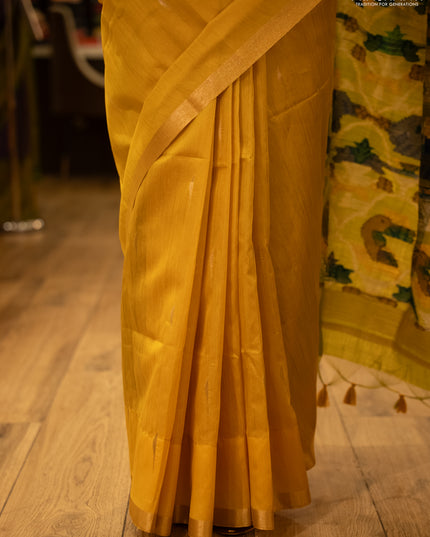 Semi dupion saree mustard yellow and light green with zari woven buttas and zari woven border