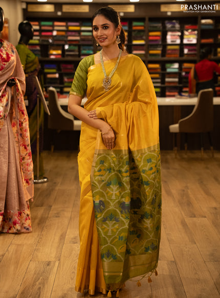 Semi dupion saree mustard yellow and light green with zari woven buttas and zari woven border
