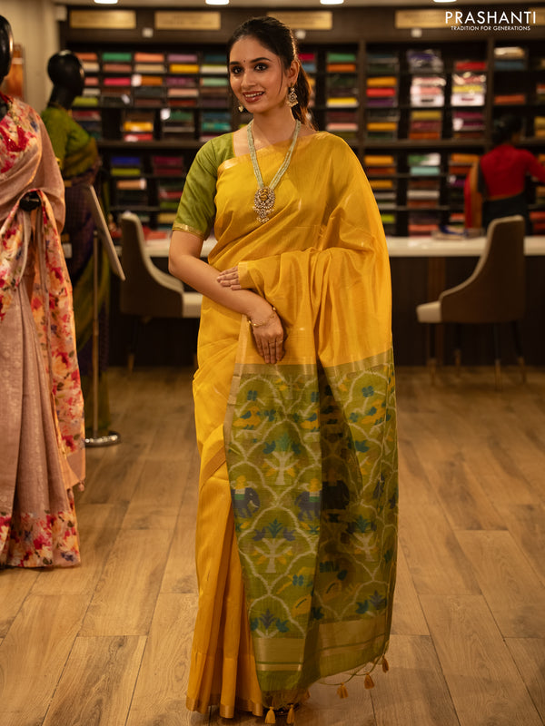 Semi dupion saree mustard yellow and light green with zari woven buttas and zari woven border