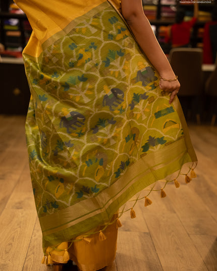 Semi dupion saree mustard yellow and light green with zari woven buttas and zari woven border
