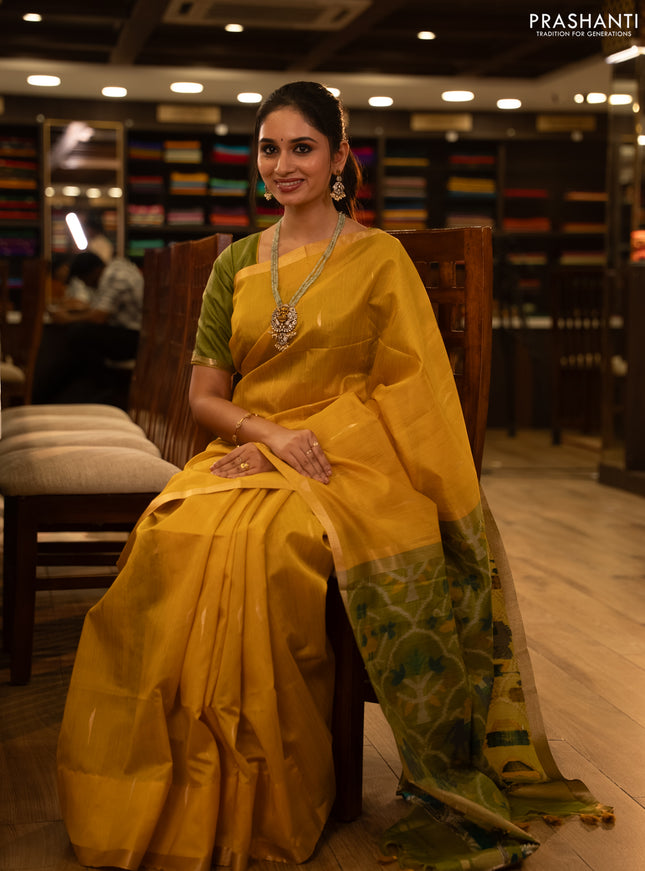 Semi dupion saree mustard yellow and light green with zari woven buttas and zari woven border